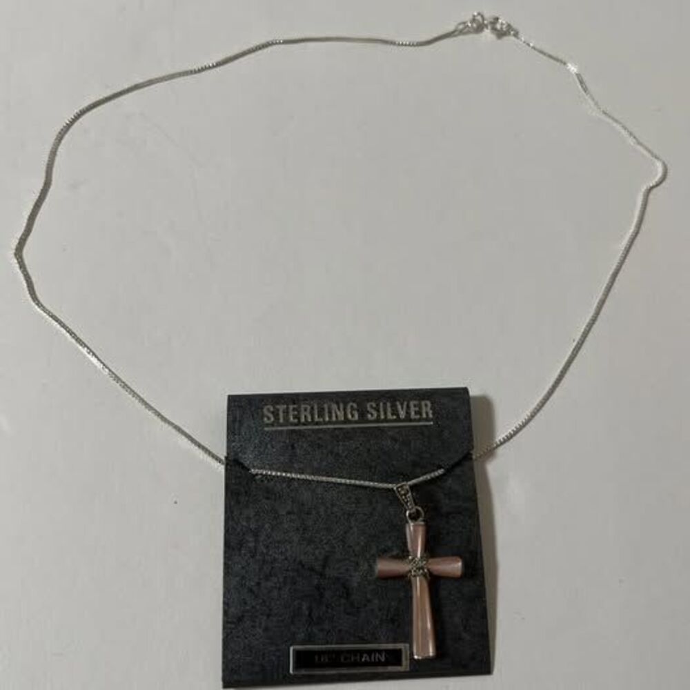 Sterling Silver 18” Chain With Pink Inlay Cross..